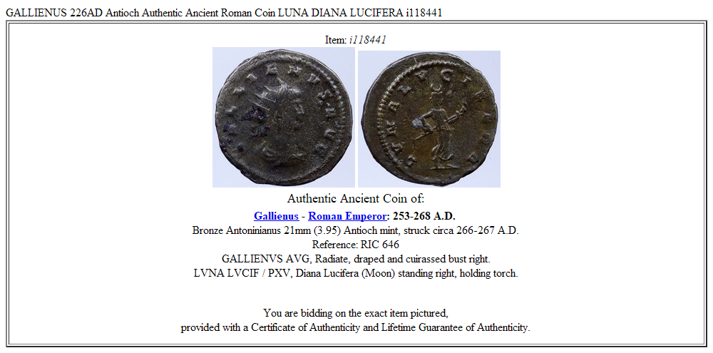 GALLIENUS 226AD Antioch Authentic Ancient Roman Coin LUNA DIANA LUCIFERA i118441