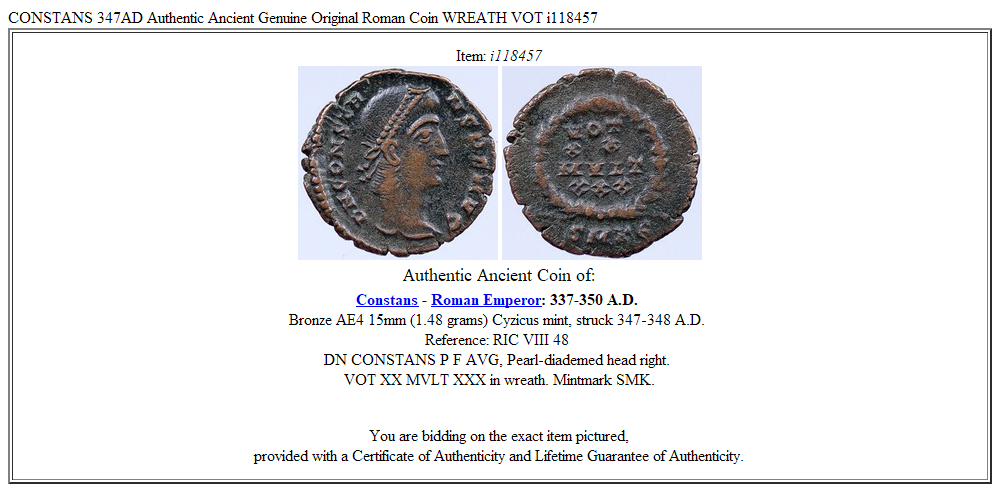 CONSTANS 347AD Authentic Ancient Genuine Original Roman Coin WREATH VOT i118457