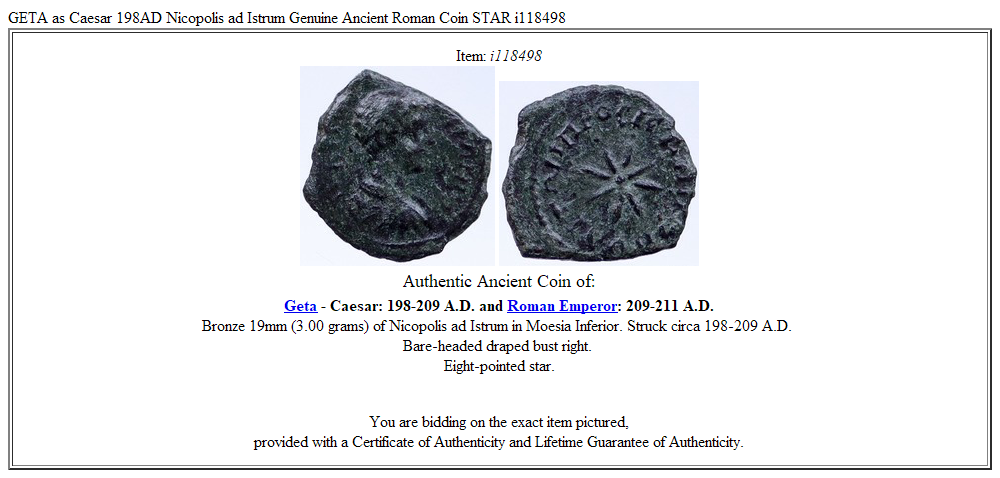 GETA as Caesar 198AD Nicopolis ad Istrum Genuine Ancient Roman Coin STAR i118498