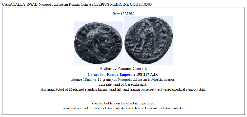 CARACALLA 198AD Nicopolis ad Istrum Roman Coin ASCLEPIUS MEDICINE GOD i118503