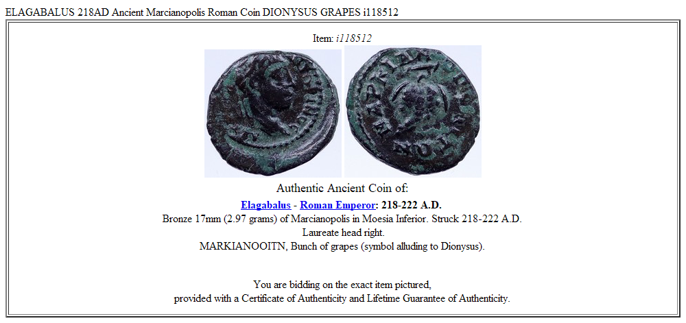 ELAGABALUS 218AD Ancient Marcianopolis Roman Coin DIONYSUS GRAPES i118512