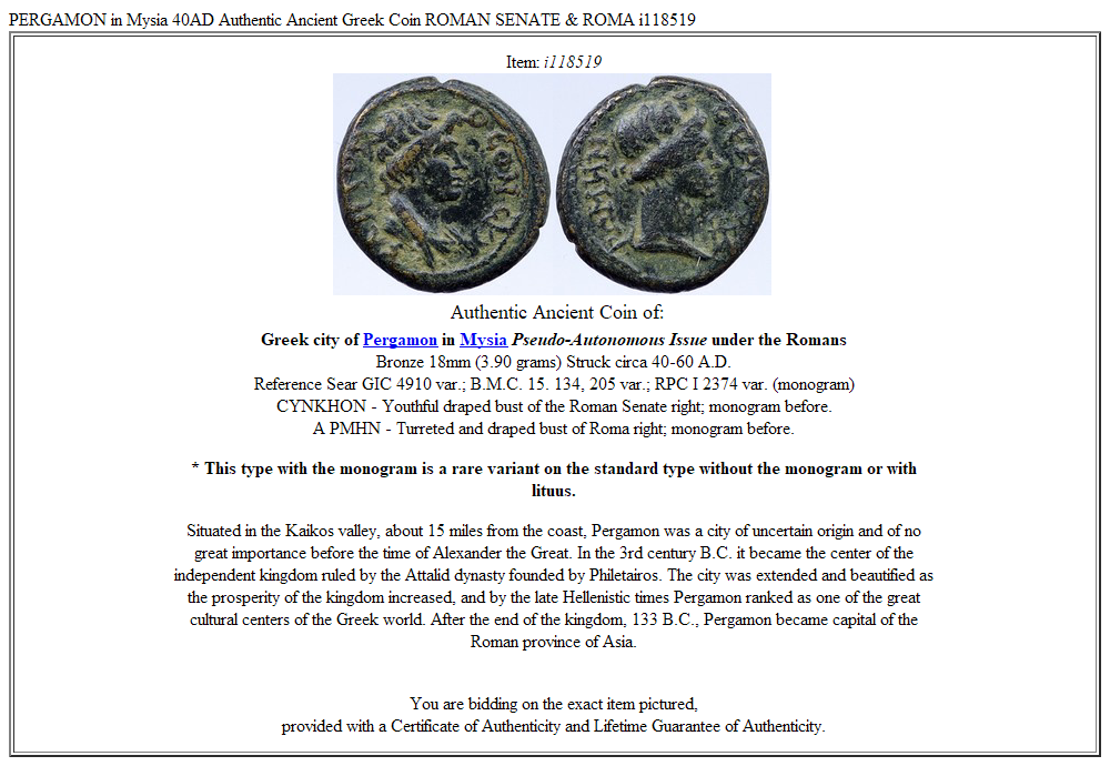 PERGAMON in Mysia 40AD Authentic Ancient Greek Coin ROMAN SENATE & ROMA i118519