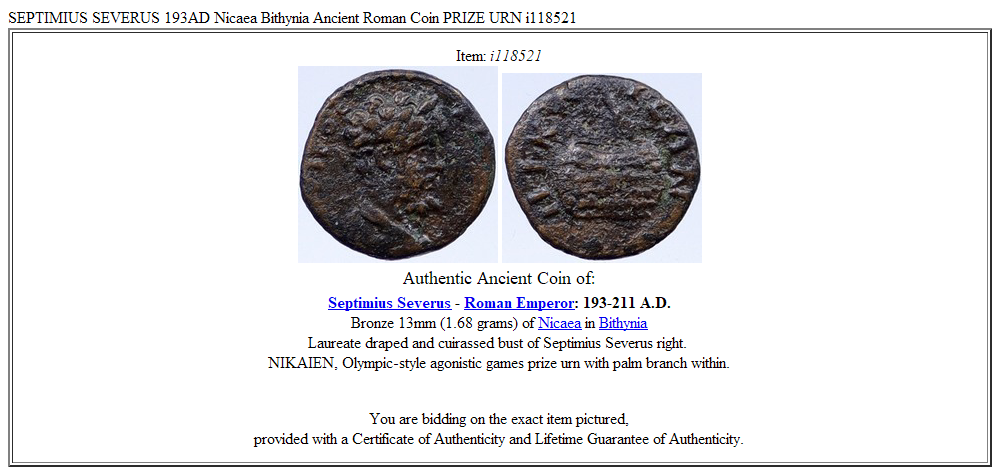 SEPTIMIUS SEVERUS 193AD Nicaea Bithynia Ancient Roman Coin PRIZE URN i118521