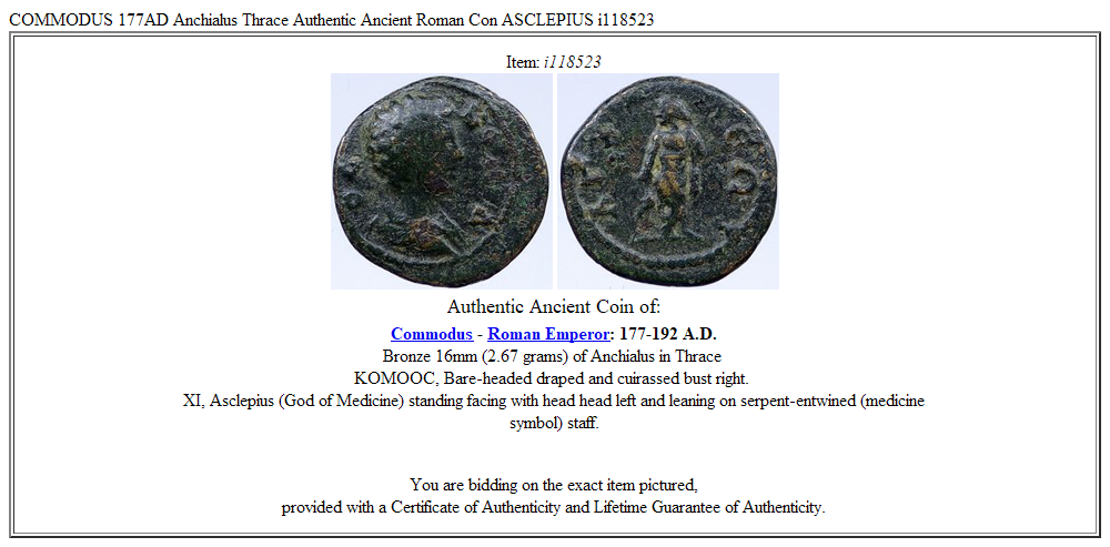 COMMODUS 177AD Anchialus Thrace Authentic Ancient Roman Con ASCLEPIUS i118523