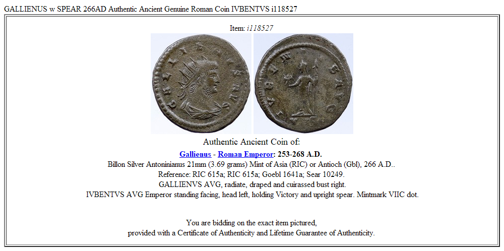 GALLIENUS w SPEAR 266AD Authentic Ancient Genuine Roman Coin IVBENTVS i118527