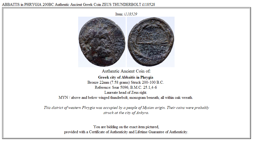 ABBAITIS in PHRYGIA 200BC Authentic Ancient Greek Coin ZEUS THUNDERBOLT i118528