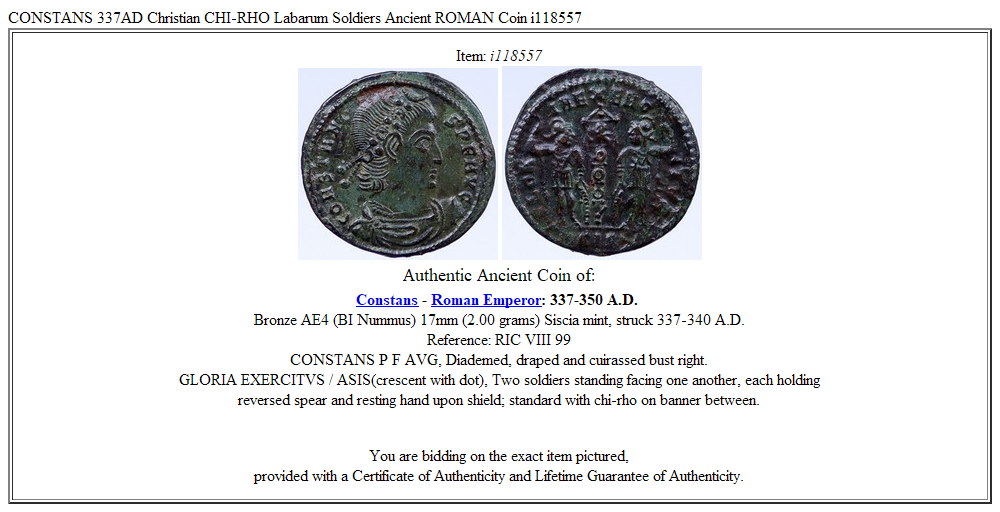 CONSTANS 337AD Christian CHI-RHO Labarum Soldiers Ancient ROMAN Coin i118557