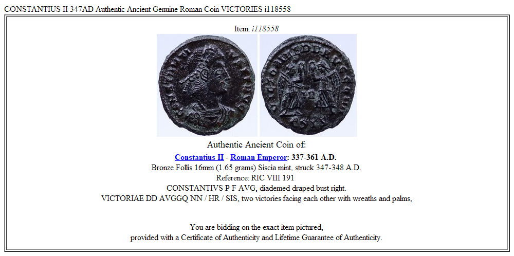 CONSTANTIUS II 347AD Authentic Ancient Genuine Roman Coin VICTORIES i118558