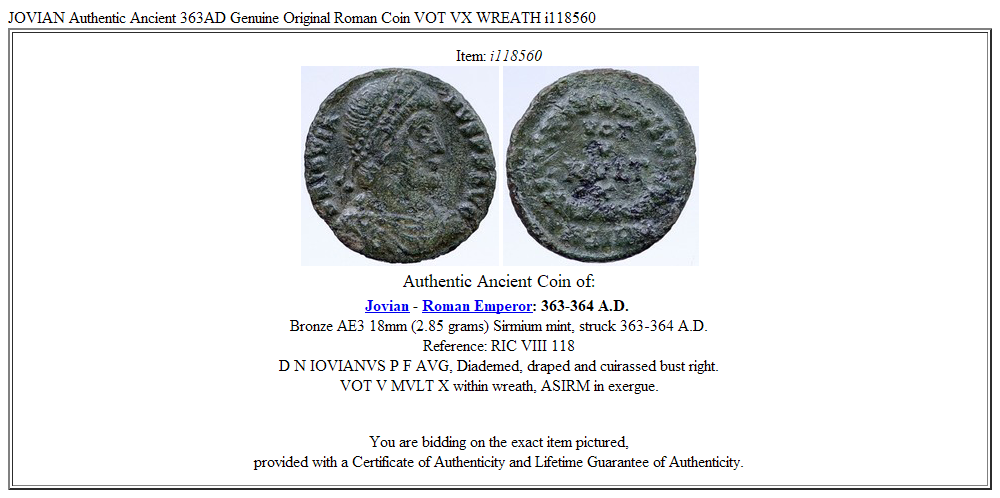 JOVIAN Authentic Ancient 363AD Genuine Original Roman Coin VOT VX WREATH i118560