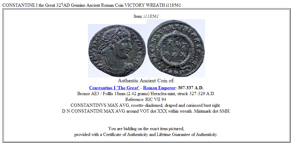 CONSTANTINE I the Great 327AD Genuine Ancient Roman Coin VICTORY WREATH i118561