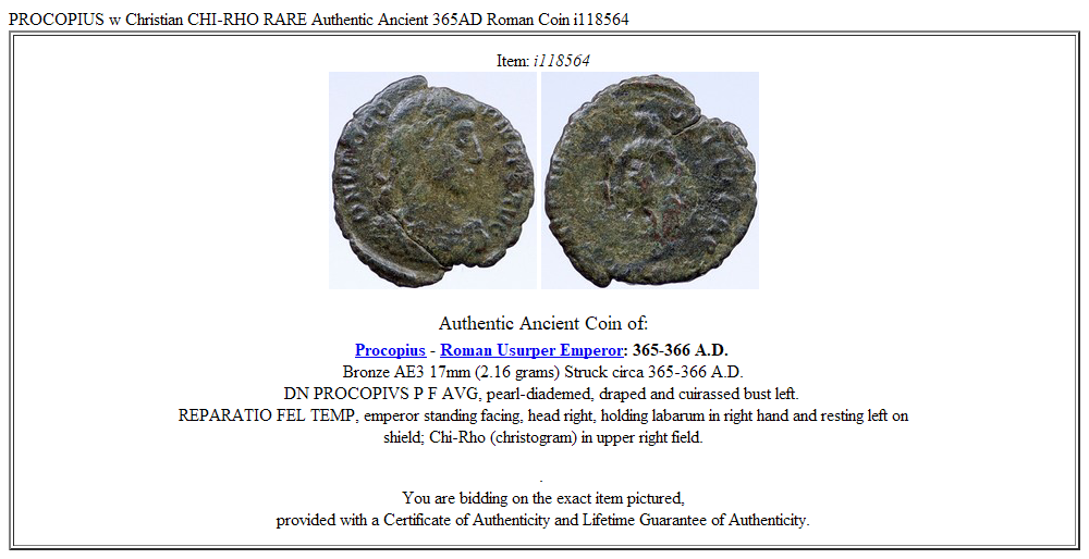 PROCOPIUS w Christian CHI-RHO RARE Authentic Ancient 365AD Roman Coin i118564