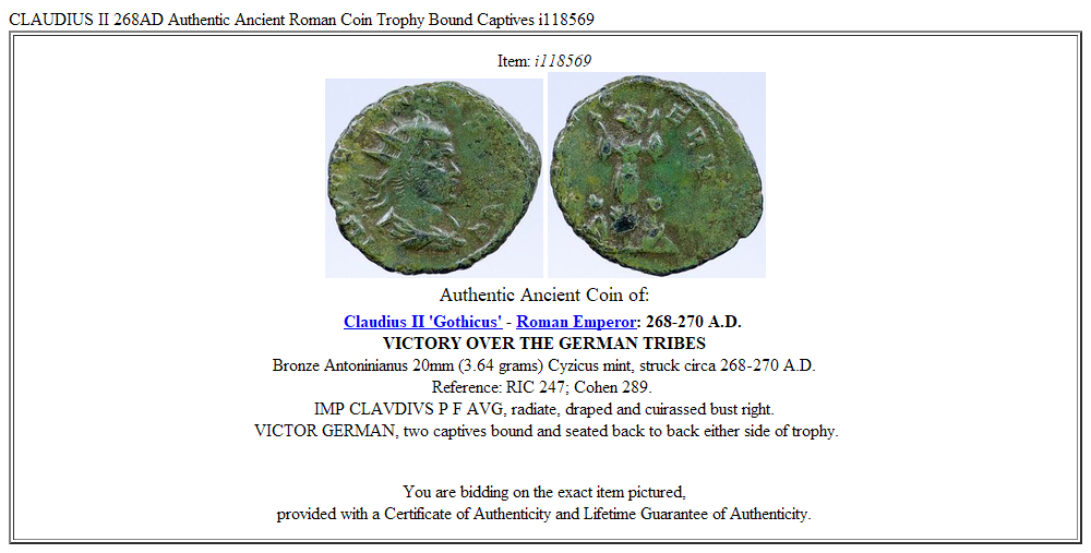 CLAUDIUS II 268AD Authentic Ancient Roman Coin Trophy Bound Captives i118569