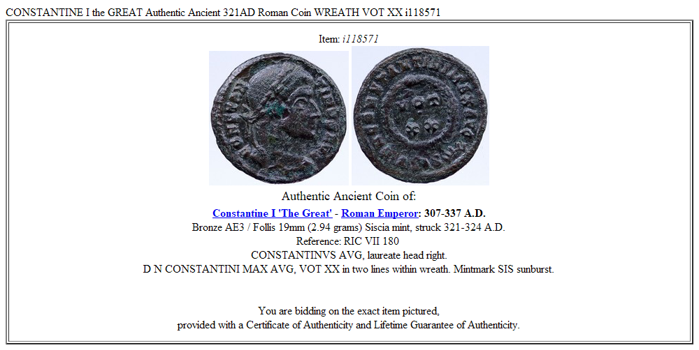 CONSTANTINE I the GREAT Authentic Ancient 321AD Roman Coin WREATH VOT XX i118571