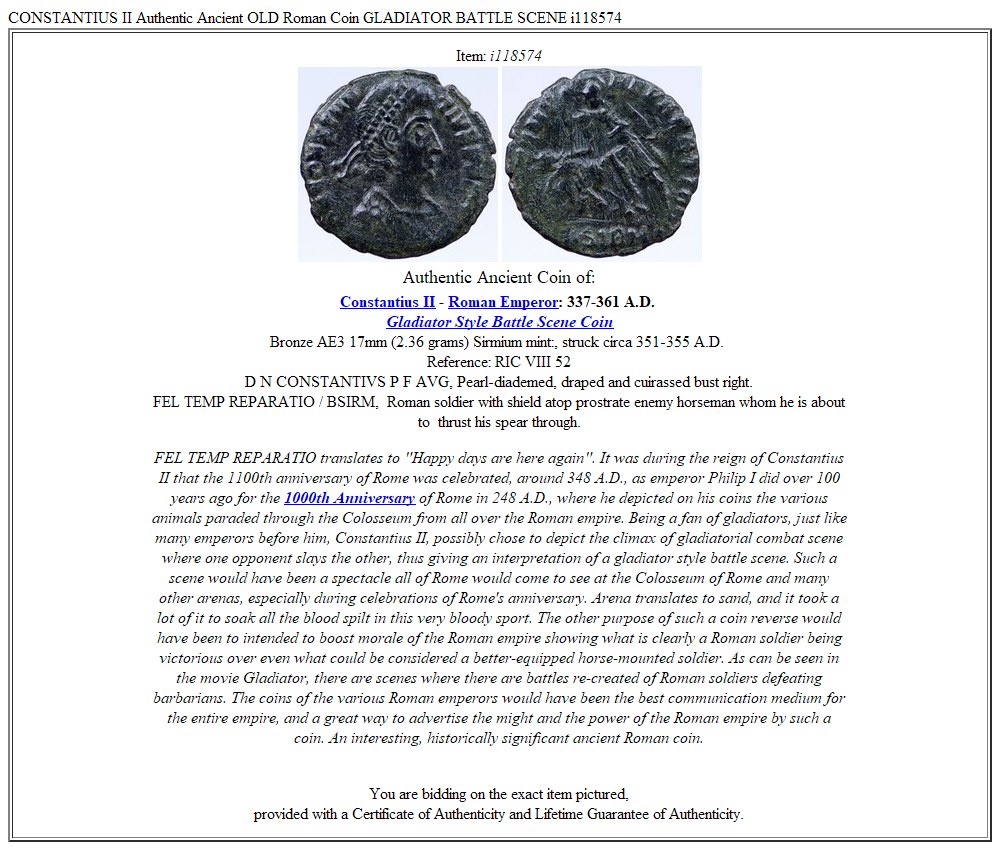 CONSTANTIUS II Authentic Ancient OLD Roman Coin GLADIATOR BATTLE SCENE i118574
