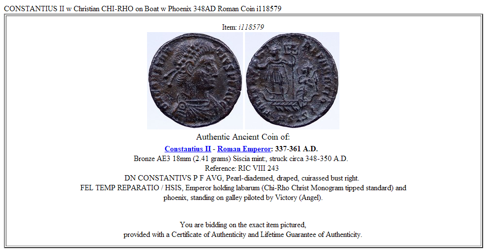 CONSTANTIUS II w Christian CHI-RHO on Boat w Phoenix 348AD Roman Coin i118579
