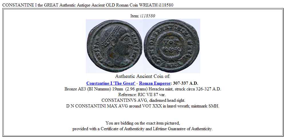 CONSTANTINE I the GREAT Authentic Antique Ancient OLD Roman Coin WREATH i118580