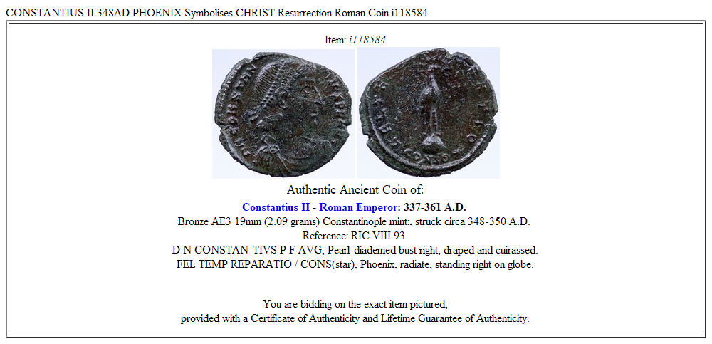 CONSTANTIUS II 348AD PHOENIX Symbolises CHRIST Resurrection Roman Coin i118584