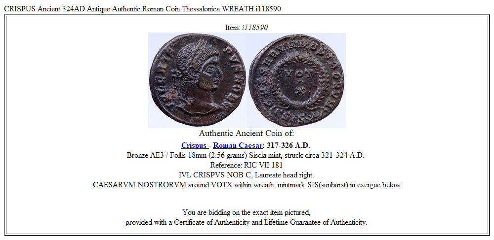 CRISPUS Ancient 324AD Antique Authentic Roman Coin Thessalonica WREATH i118590