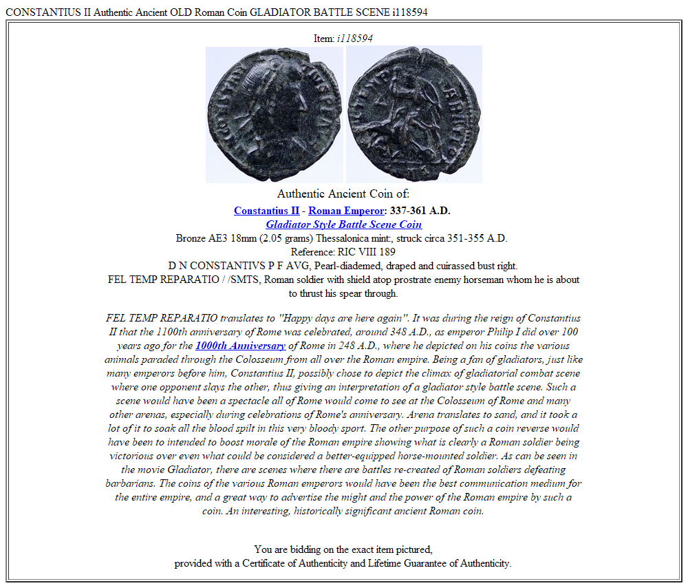 CONSTANTIUS II Authentic Ancient OLD Roman Coin GLADIATOR BATTLE SCENE i118594