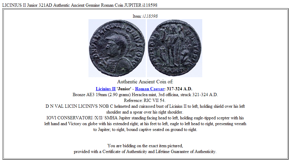 LICINIUS II Junior 321AD Authentic Ancient Genuine Roman Coin JUPITER i118598