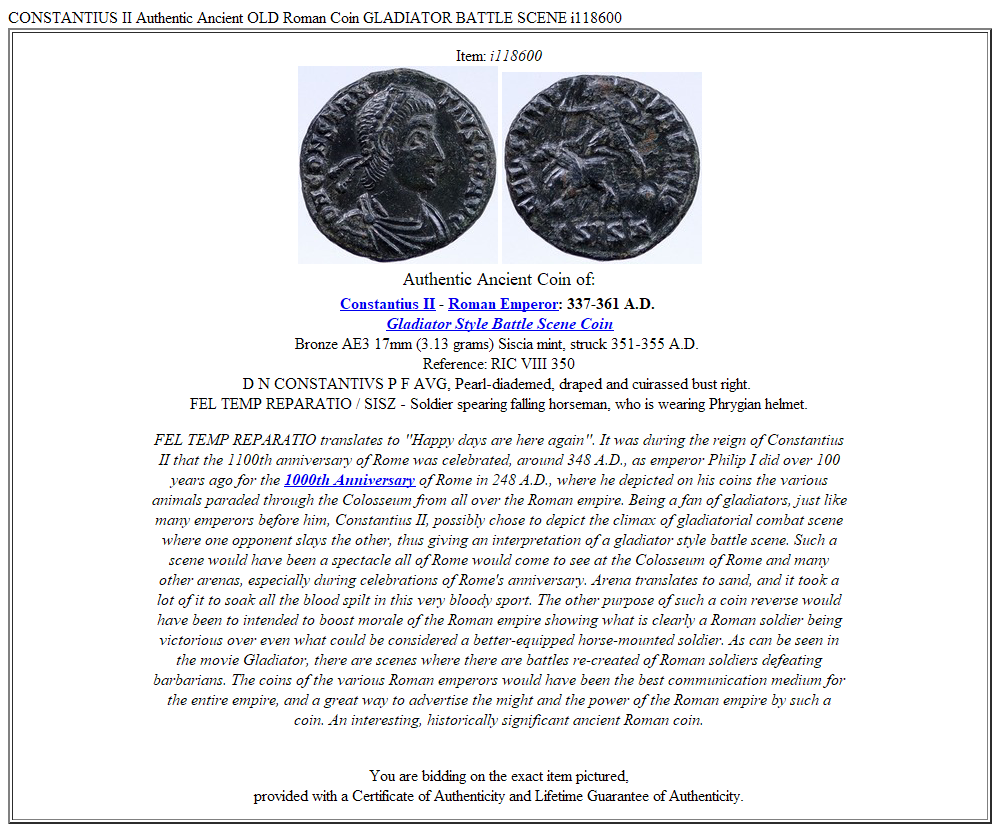CONSTANTIUS II Authentic Ancient OLD Roman Coin GLADIATOR BATTLE SCENE i118600