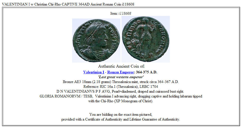 VALENTINIAN I w Christian Chi-Rho CAPTIVE 364AD Ancient Roman Coin i118608