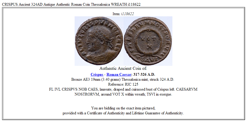 CRISPUS Ancient 324AD Antique Authentic Roman Coin Thessalonica WREATH i118622