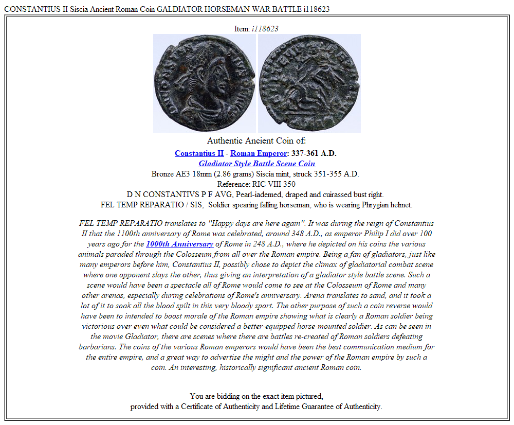 CONSTANTIUS II Siscia Ancient Roman Coin GALDIATOR HORSEMAN WAR BATTLE i118623