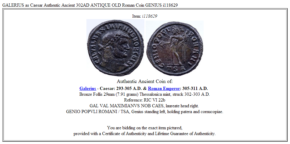 GALERIUS as Caesar Authentic Ancient 302AD ANTIQUE OLD Roman Coin GENIUS i118629