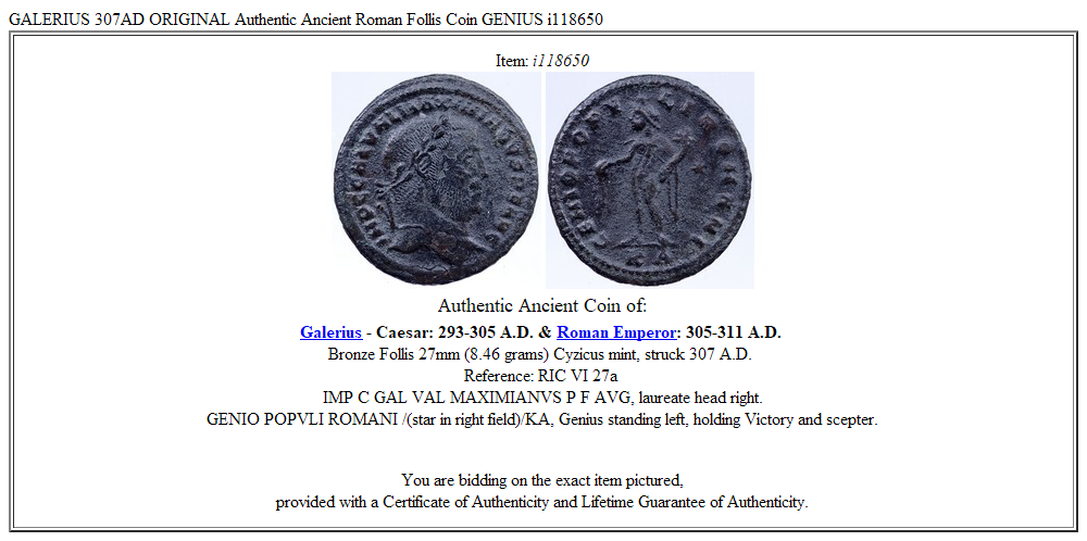 GALERIUS 307AD ORIGINAL Authentic Ancient Roman Follis Coin GENIUS i118650