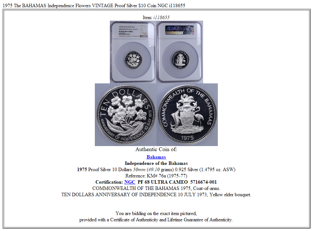 1975 The BAHAMAS Independence Flowers VINTAGE Proof Silver $10 Coin NGC i118655