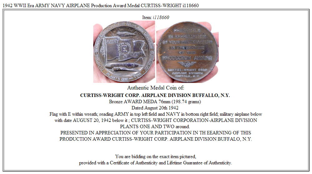 1942 WWII Era ARMY NAVY AIRPLANE Production Award Medal CURTISS-WRIGHT i118660