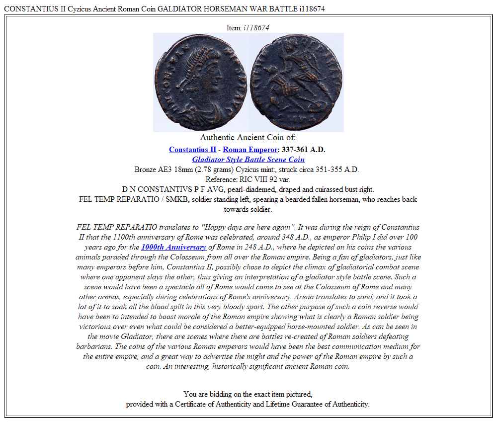 CONSTANTIUS II Cyzicus Ancient Roman Coin GALDIATOR HORSEMAN WAR BATTLE i118674
