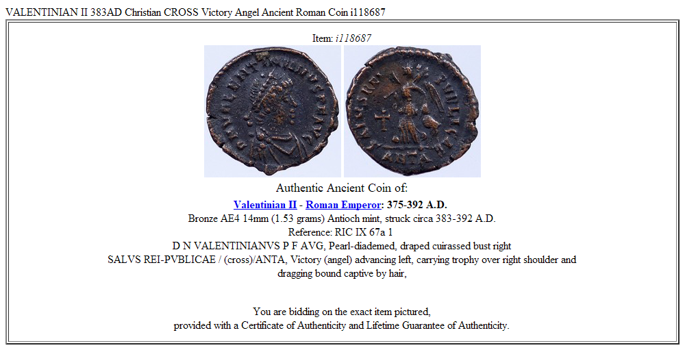 VALENTINIAN II 383AD Christian CROSS Victory Angel Ancient Roman Coin i118687