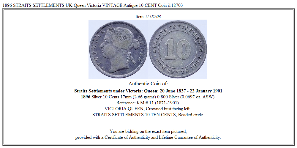 1896 STRAITS SETTLEMENTS UK Queen Victoria VINTAGE Antique 10 CENT Coin i118703