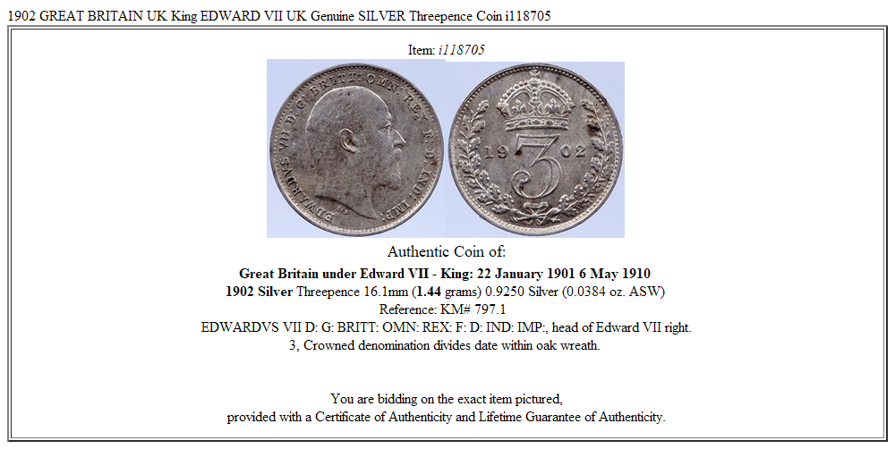 1902 GREAT BRITAIN UK King EDWARD VII UK Genuine SILVER Threepence Coin i118705