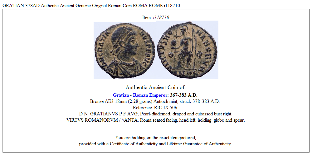 GRATIAN 378AD Authentic Ancient Genuine Original Roman Coin ROMA ROME i118710