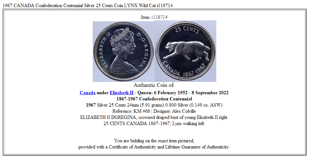 1967 CANADA Confederation Centennial Silver 25 Cents Coin LYNX Wild Cat i118714