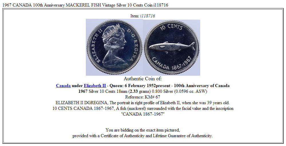 1967 CANADA 100th Anniversary MACKEREL FISH Vintage Silver 10 Cents Coin i118716