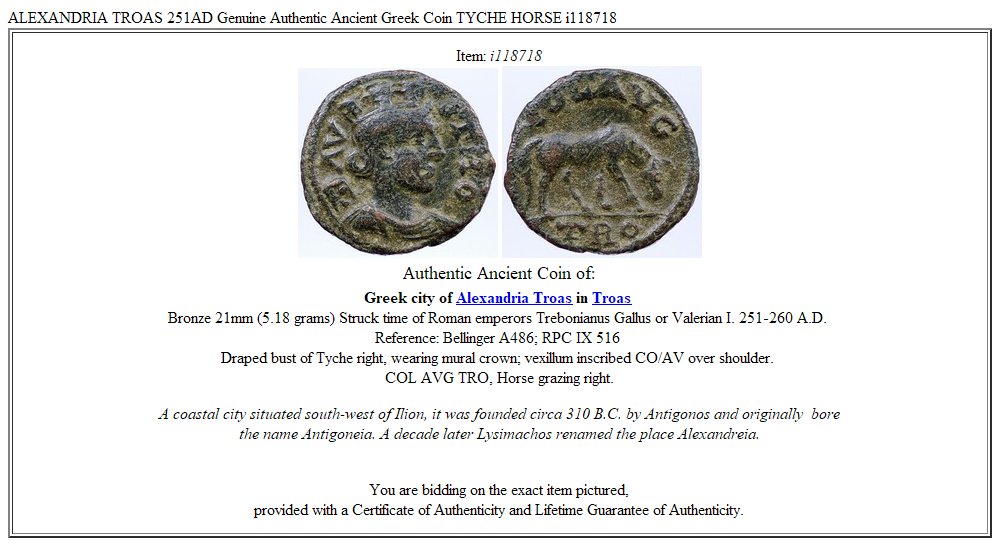 ALEXANDRIA TROAS 251AD Genuine Authentic Ancient Greek Coin TYCHE HORSE i118718