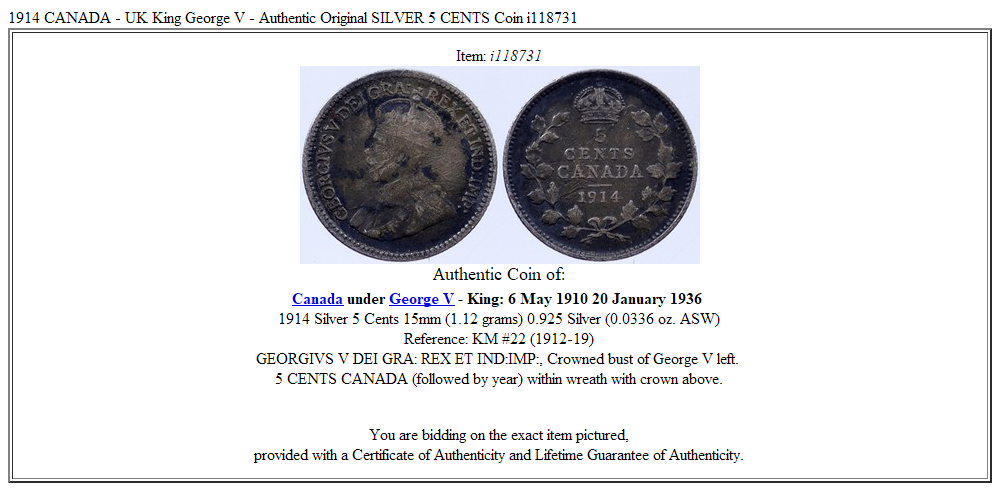 1914 CANADA - UK King George V - Authentic Original SILVER 5 CENTS Coin i118731