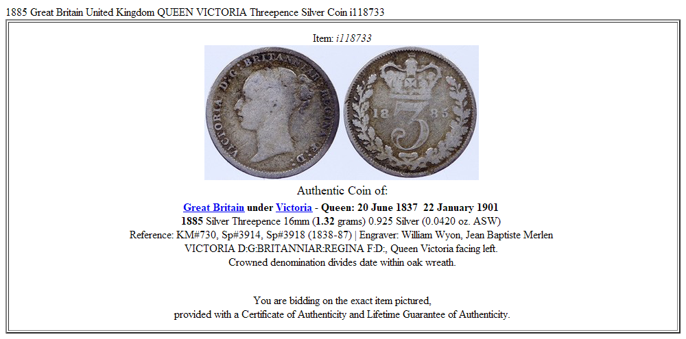 1885 Great Britain United Kingdom QUEEN VICTORIA Threepence Silver Coin i118733