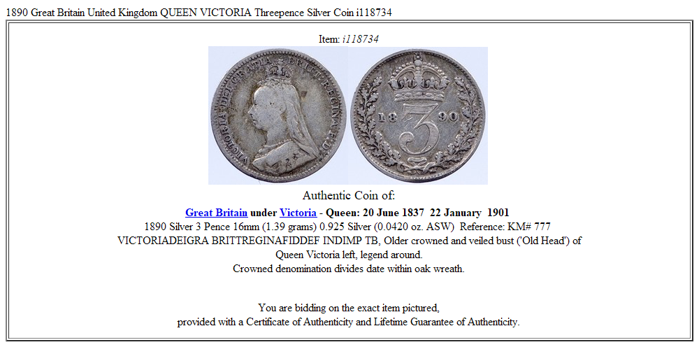 1890 Great Britain United Kingdom QUEEN VICTORIA Threepence Silver Coin i118734