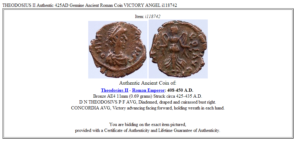 THEODOSIUS II Authentic 425AD Genuine Ancient Roman Coin VICTORY ANGEL i118742