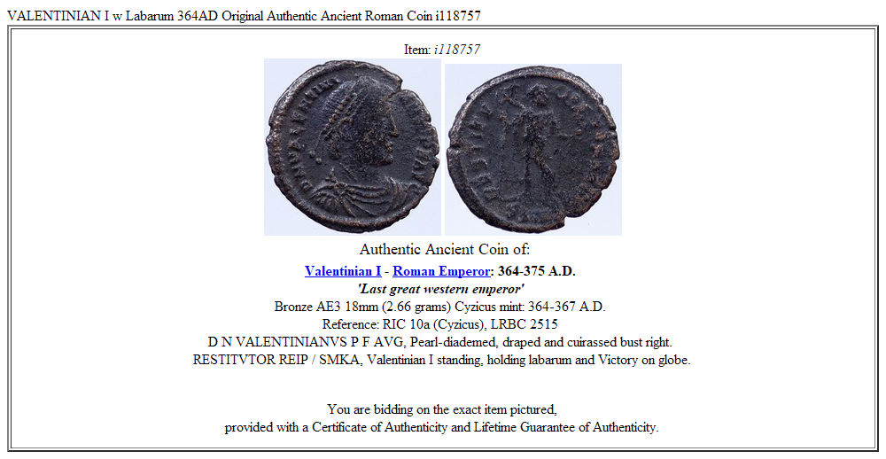 VALENTINIAN I w Labarum 364AD Original Authentic Ancient Roman Coin i118757