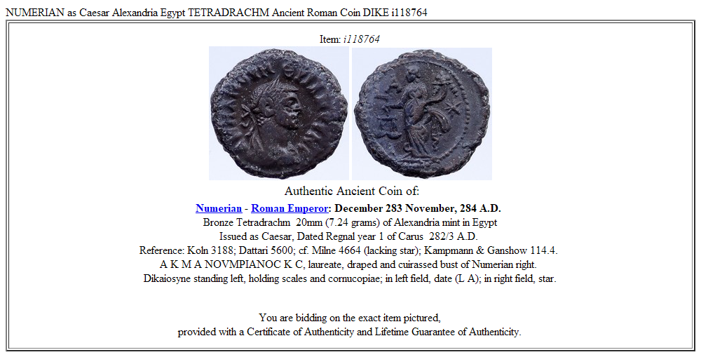 NUMERIAN as Caesar Alexandria Egypt TETRADRACHM Ancient Roman Coin DIKE i118764