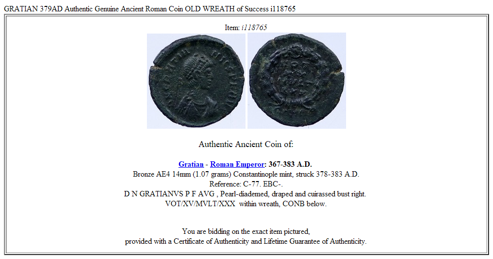 GRATIAN 379AD Authentic Genuine Ancient Roman Coin OLD WREATH of Success i118765