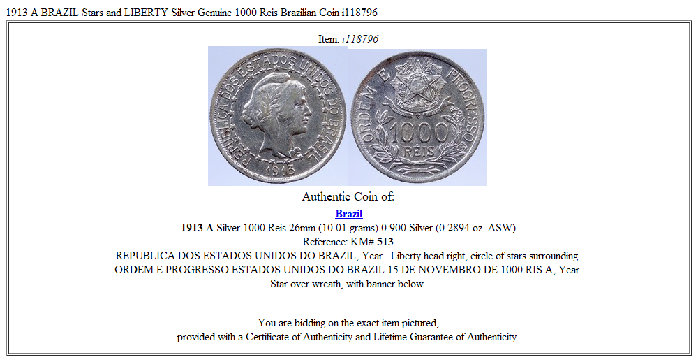 1913 A BRAZIL Stars and LIBERTY Silver Genuine 1000 Reis Brazilian Coin i118796