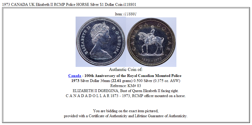 1973 CANADA UK Elizabeth II RCMP Police HORSE Silver $1 Dollar Coin i118801