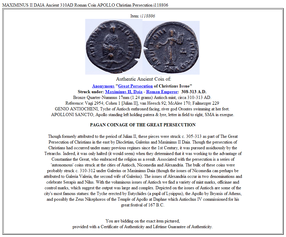 MAXIMINUS II DAIA Ancient 310AD Roman Coin APOLLO Christian Persecution i118806